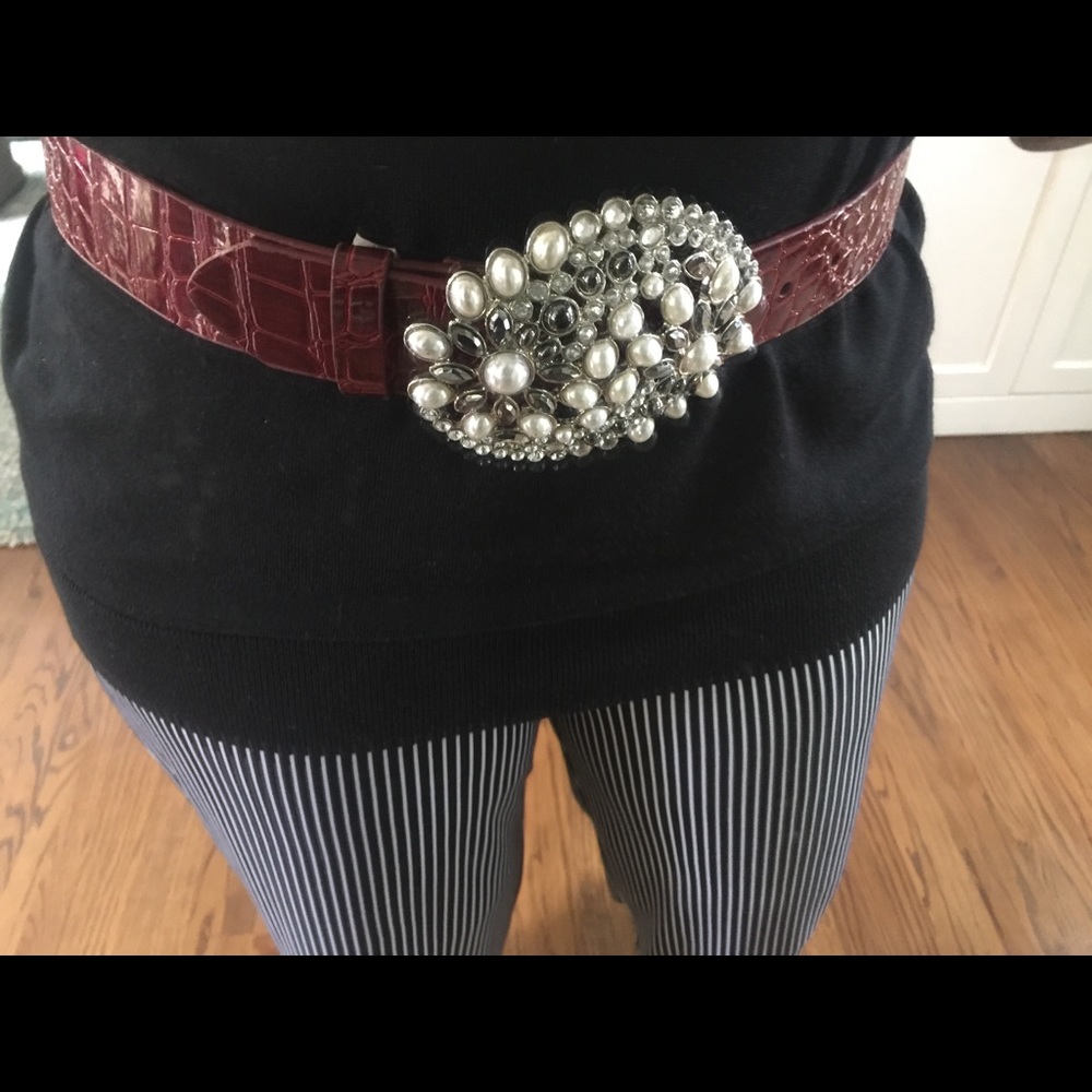 Rhinestone Faux Pearl Burgundy Belt